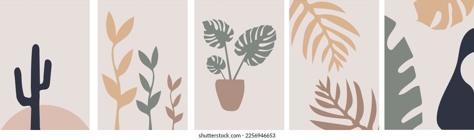 collection of modern simple abstractions in boho style with colored plants (mostera, cactus, palm leaves) on a beige background in pastel colors