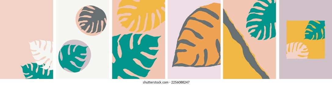 Colección de abstracciones simples y modernas con hojas de monstera de colores y formas geométricas en el fondo. dibujado a mano