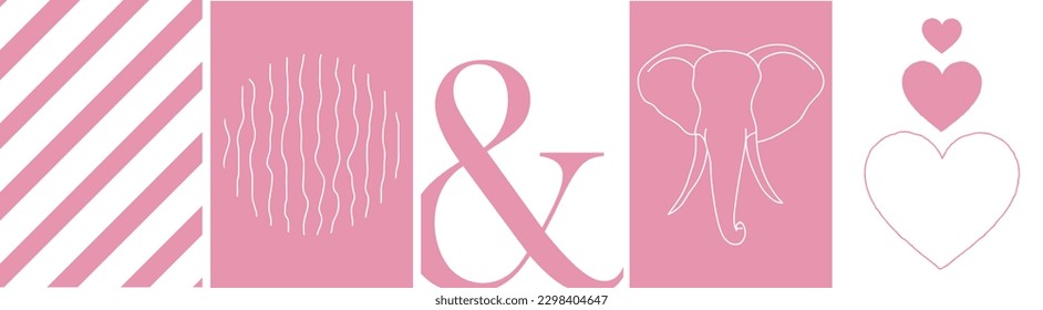 Collection of modern simple abstractions with Elephant silhouette, heart, circle with stripes on white and pink background