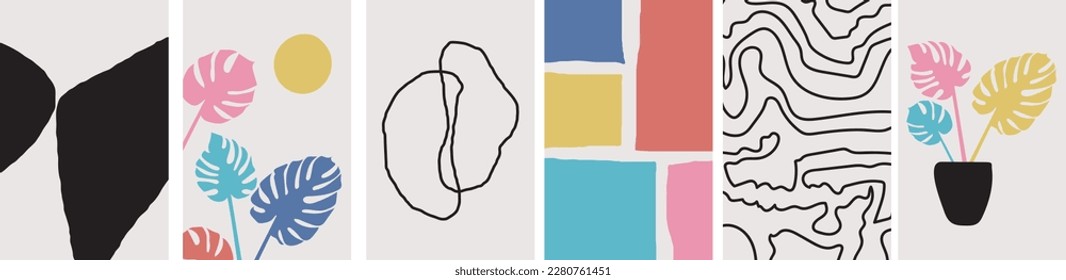 A collection of modern simple abstractions with geometric shapes (squares), monstera leaves, a flower pot. Hand-drawn on a beige background
