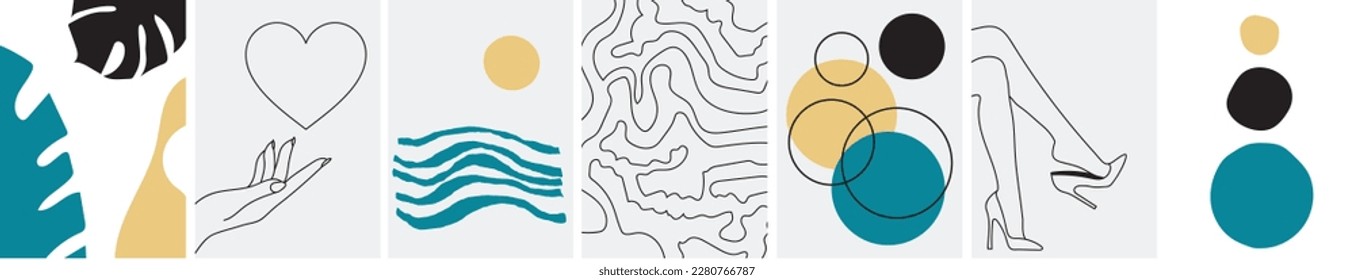 Eine Sammlung moderner, einfacher Abstraktionen mit geometrischen Formen (Kreise), Blätter von Monstera und Palmen, lineare Silhouetten von Beinen und Händen mit einem Herz, Jahreszeit mit der Sonne auf dem Hintergrund