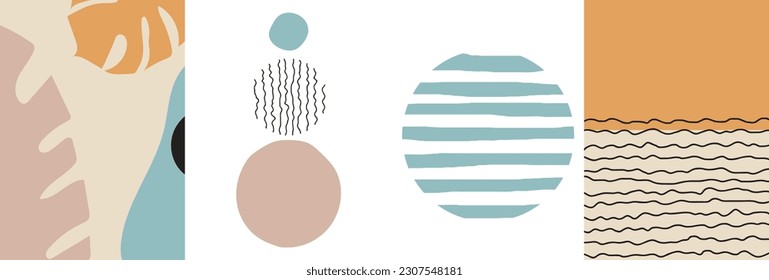 collection of modern simple abstractions with geometric shapes (circles and lines) and leaves of tropical plants on a white and beige background