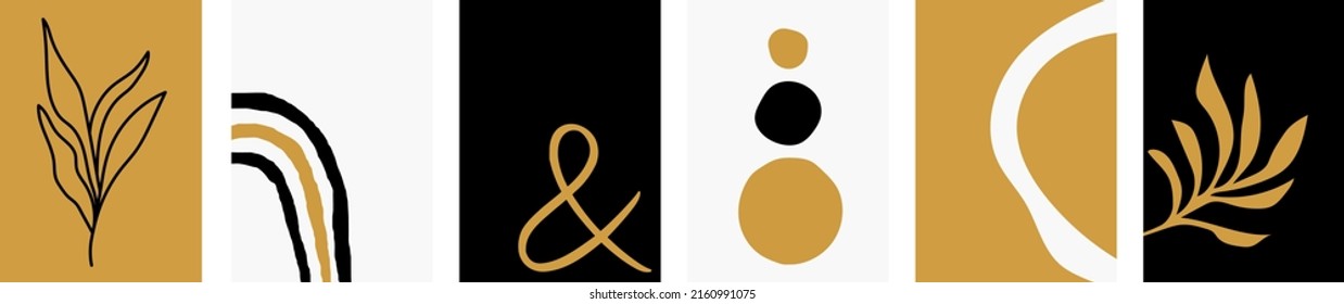 Collection of modern simple abstractions: sketch of plant leaves, geometric shapes and circles and sign and on a colored background