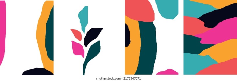 Colección de abstracciones sencillas y modernas en un estilo minimalista. Las formas geométricas de color se dibujan a mano sobre un fondo blanco