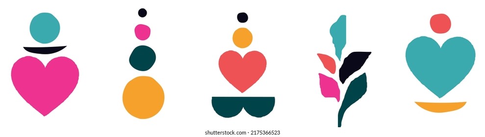 Collection of modern simple abstractions in the style of minimalism. Colored geometric shapes (circles) and hearts are hand-drawn on a white background