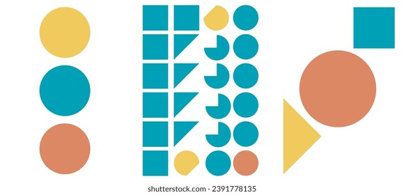 collection of modern simple abstracts with colored geometric shapes (circles and squares) in Bauhaus style on a white background