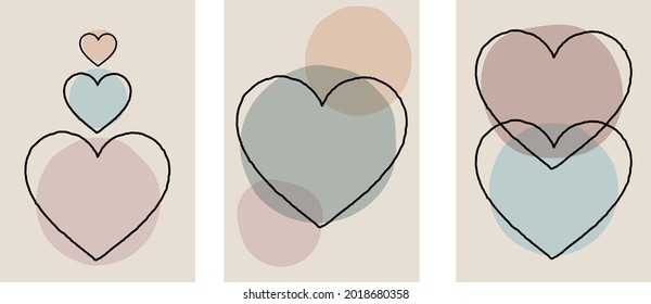 Collection of modern simple art abstractions (posters) with hearts and geometric shapes (circles) on colored backgrounds