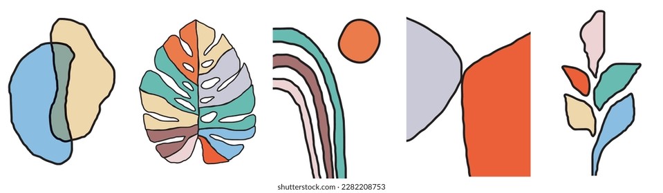 collection of modern simple artistic abstraction posters with geometric shapes and monstera leaf (hand drawn) with black stroke and white background