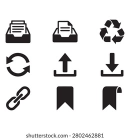 Collection of modern simple black icons for business and technology, including recycling, upload, download, and document symbols.