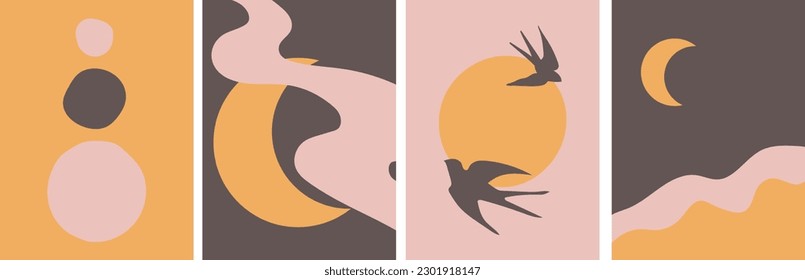 collection of modern simple boho style abstracts with minimalistic landscape, moon, sun, flying birds and circles on colored background