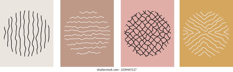collection of modern simple colored abstractions with geometric shapes (circles and stripes, hand drawn) on the background