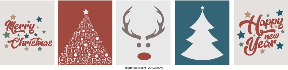 collection of modern simple greeting cards in desaturated colors: deer silhouette, fir tree and text merry christmas and happy new year on background