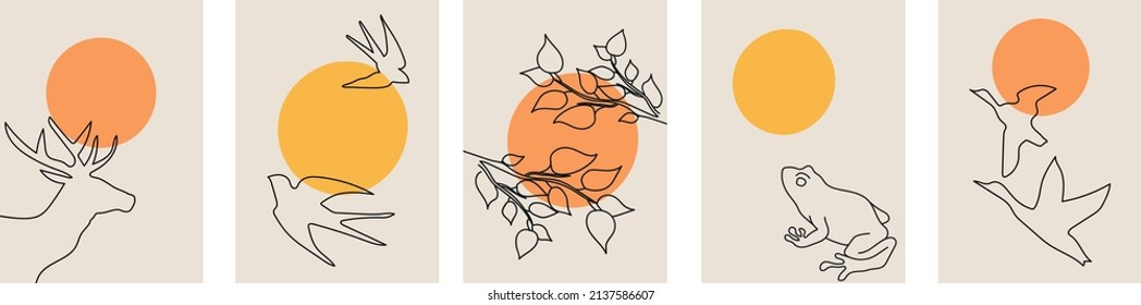 Collection of modern simple landscape abstractions (sketch): birds (swallows, ducks), deer, frog and tree branches with sun on a beige background