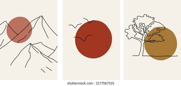 Collection of modern simple minimalist abstract landscapes (sketch): tree, flying birds and mountains with sun on a colored background