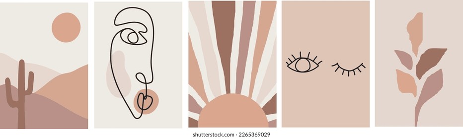 collection of modern simple minimalist abstract landscapes in boho style (hills, cactus, sun), linear portrait with geometric shapes, eyes on beige background