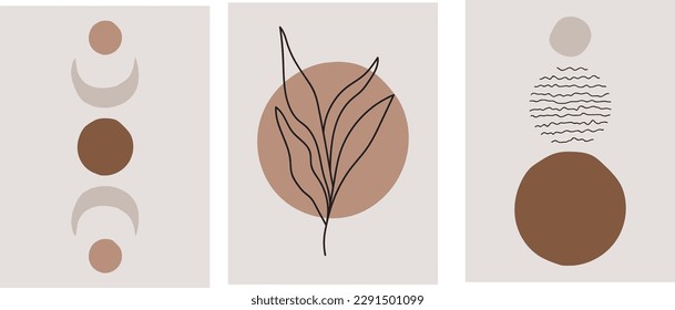 collection of modern simple minimalist abstraction posters in boho style: linear silhouette of plants, geometric shapes and moon on a colored background