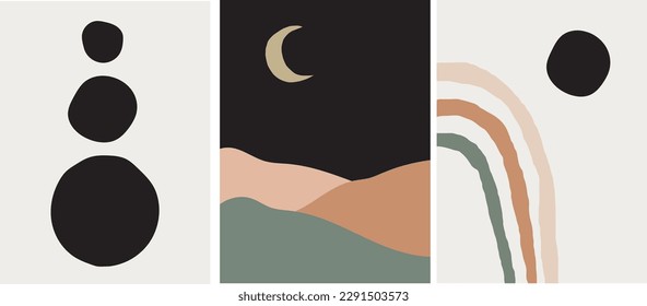 collection of modern simple minimalist abstraction posters in boho style: night landscape with moon and geometric shapes on a colored background