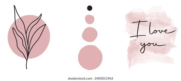 collection of modern simple minimalist abstraction posters in the style of romance: pink geometric shapes, plant silhouette and text I love you on a white background