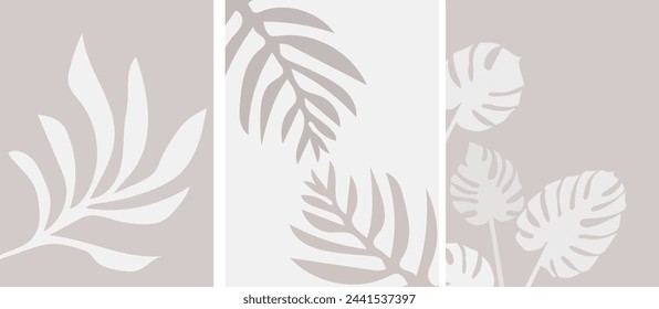 Eine Sammlung moderner, einfacher, minimalistischer Abstraktionsplakate im Stil tropischer Pflanzen (Monstera, Palmblätter in Beigetönen auf farbigem Hintergrund)