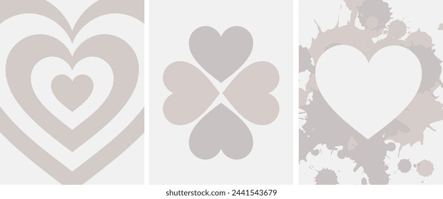 a collection of modern, simple, minimalist abstraction posters with hearts (and blots) in beige shades on a colored background