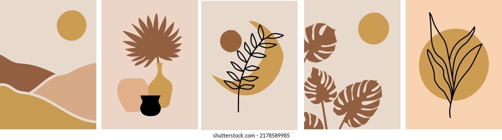 Collection of modern simple minimalist abstractions: plant silhouettes, monstera and palm leaves, moon, landscape (hills and sun), vases and pots on a colored background