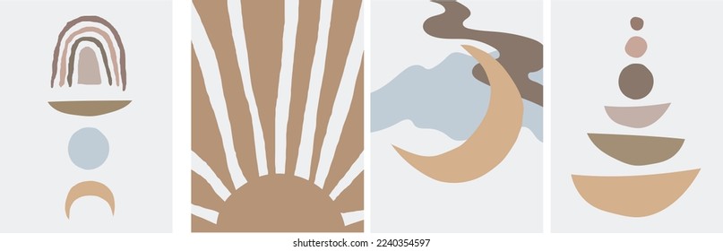 Collection of modern simple minimalist abstractions in boho style: geometric shapes, sun and moon on a colored background
