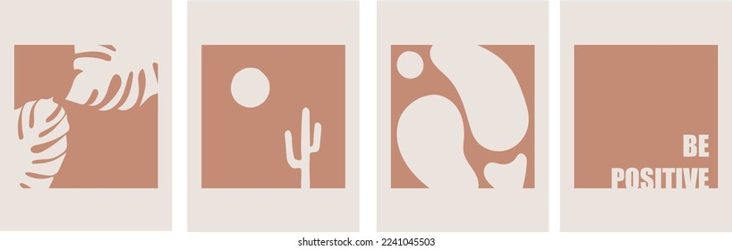 Collection of modern simple minimalist boho style abstracts: landscape, geometric shapes, monstera leaves and text be positive