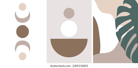 collection of modern simple minimalist boho style abstracts with geometric shapes, monstera leaf and moon on background