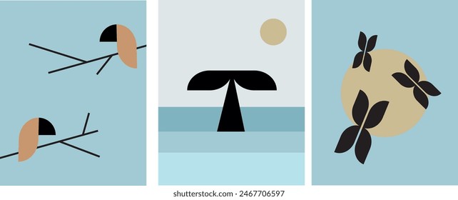 
A collection of modern simple minimalist images of animals: a whale's tail in the water, birds on a branch, butterflies flying in the sun. On a colored background