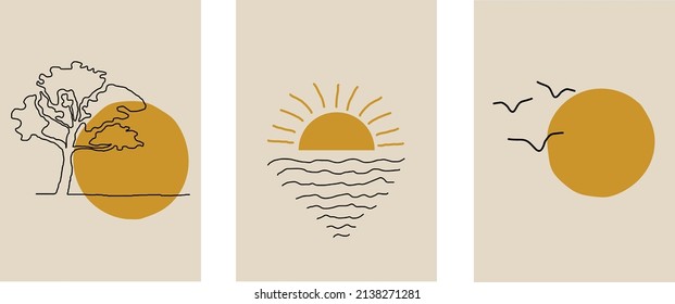 Collection of modern simple minimalist landscape abstractions (sketch): horizon with tree, sun (sunset or sunrise) over the ocean and flying birds on the beach