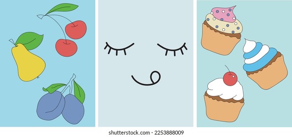 Colección de modernos afiches minimalistas para percarni, café: frutas (pera, cereza, ciruela), pasteles y un emoticono emocional lindo en un fondo de color