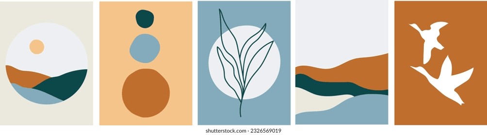  collection of modern simple minimalist posters: abstraction with geometric shapes, silhouette of flying birds and plants and landscape on a colored background