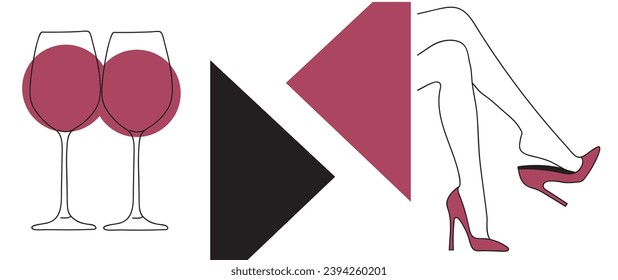 Collection of modern simple minimalist posters with linear silhouettes of legs in shoes, glasses of wine and colored geometric shapes (triangles) on a white background