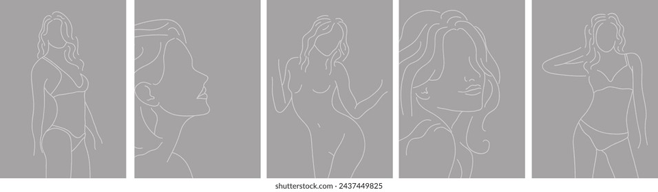 collection of modern simple minimalist posters with sexy linear silhouettes of naked and bikini girls on a beige background