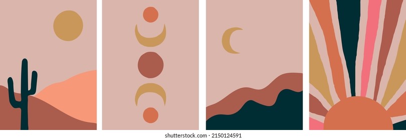Collection of modern simple minimalistic abstract landscapes: mountains, sun, cactus, palm tree in a vase and moon on a beige background in boho style