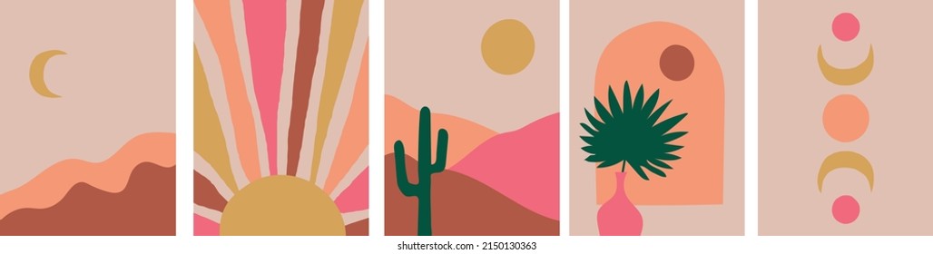 Collection of modern simple minimalistic abstract landscapes: mountains, sun, cactus, palm tree in a vase and moon on a beige background in boho style