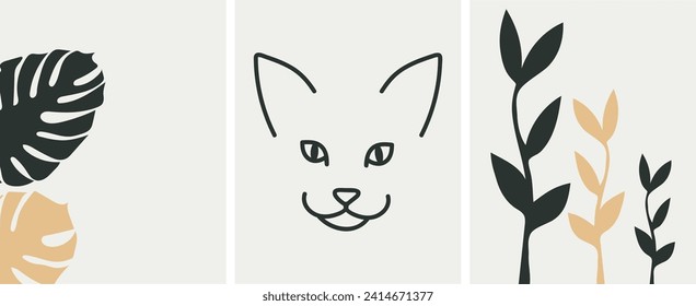 Collection of modern simple minimalistic abstract illustrations in boho style: linear silhouette of a cat and monstera leaves on a beige background