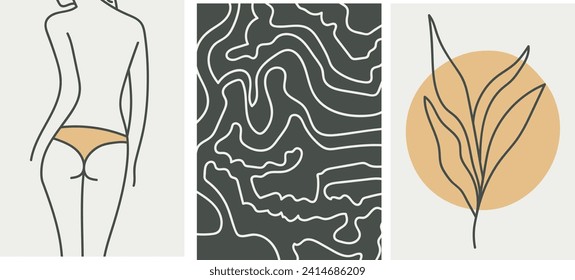 Collection of modern simple minimalistic abstract illustrations in boho style: linear silhouette of a girl’s body in a bikini (view from the back), geometric shapes (circles) and molded plants on a be