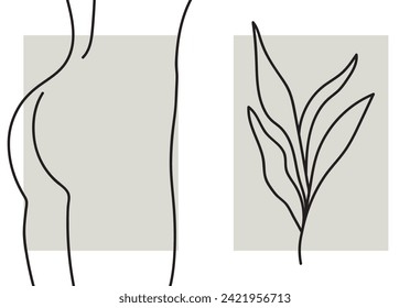 una colección de ilustraciones abstractas minimalistas simples y modernas al estilo boho: una silueta lineal de la espalda de una mujer y hojas de planta sobre el fondo de una plaza beige