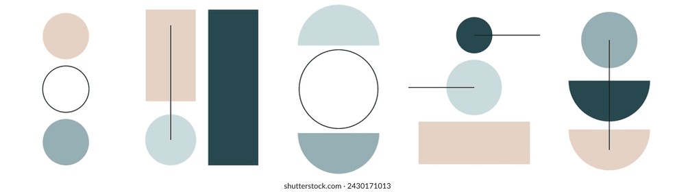 
Collection of modern simple minimalistic abstract illustrations: colored geometric shapes (circles and squares with lines) on a white background