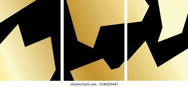 Collection of modern simple minimalistic abstraction with golden geometric shapes on black background