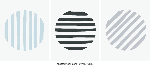 Collection of modern simple minimalistic abstraction with colored circles-stripes (hand drawn) on the background