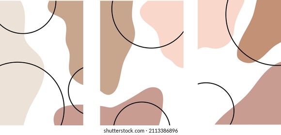 Collection of modern simple minimalistic abstractions with colored geometric shapes (beige) on a white background