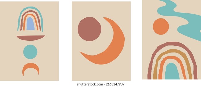 Collection of modern simple minimalistic abstractions with moon, geometric shapes (circles) on a colored background