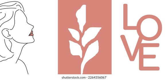 Collection of modern simple minimalistic abstractions in bed tones of red and white shades: a linear silhouette of a girl, geometric shapes (hand drawn) and Love text on a white background