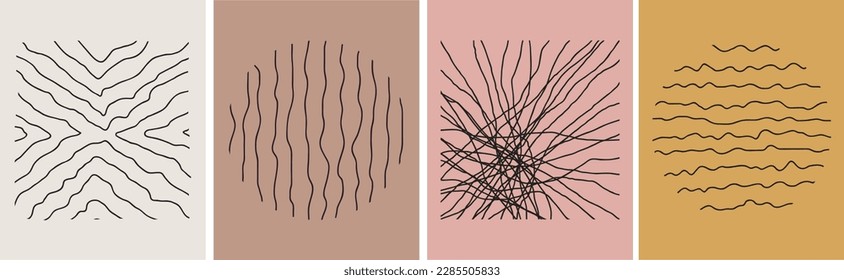 collection of modern simple minimalistic abstractions with black long geometric shapes (square and circle) on a colored background