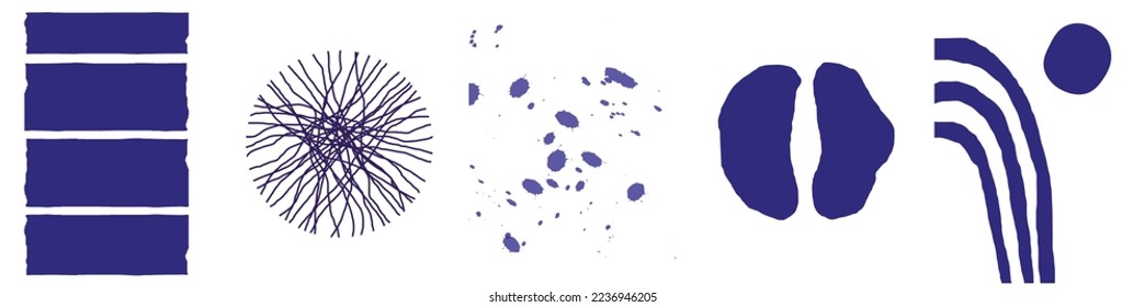 collection of modern simple minimalistic abstracts in blue shades. Geometric shapes are drawn by hand on a white background