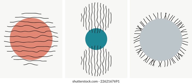 Collection of modern simple minimalistic boho style abstracts with colorful geometric shapes (circles) and black lines (hand drawn) on background