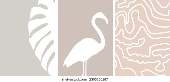 collection of modern simple minimalistic boho style abstracts with flamingo silhouette, monstera leaf, and white lines on color background