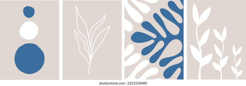 
collection of modern simple minimalistic boho style posters in beige, blue and white colors. Silhouettes of plants, geometric shapes (circles), blots on a colored background